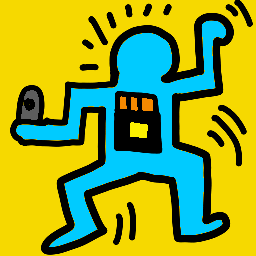 logo for the wygl website, a pun on the word wiggle; inspired by Keith Haring's dancing people, a person holding a remote control